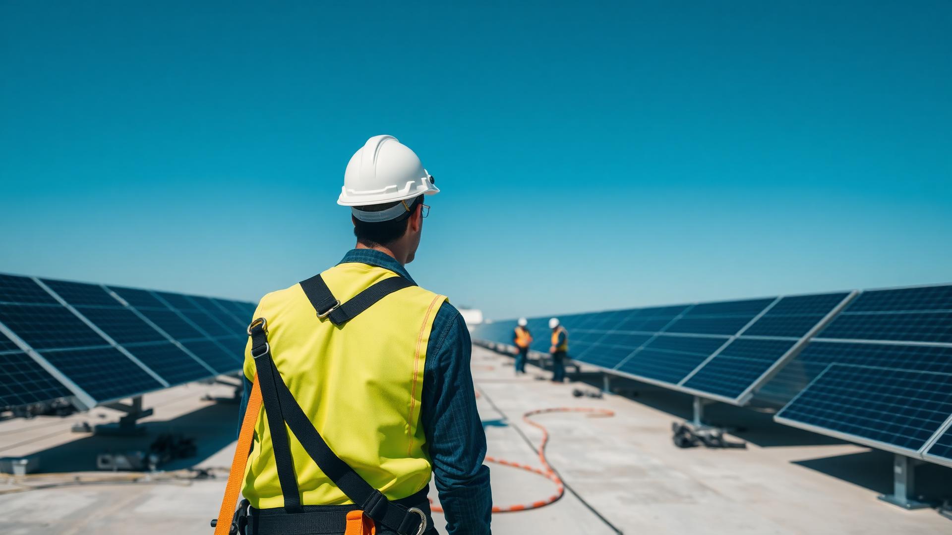 Solarmonteur mit Auffanggurt und Anschlagpunkt auf einem Photovoltaik-Flachdach