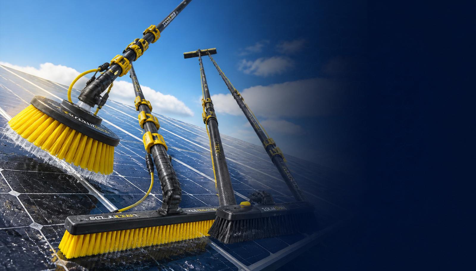 Solarreinigungsbürsten und Teleskopstangen auf Photovoltaikmodulen